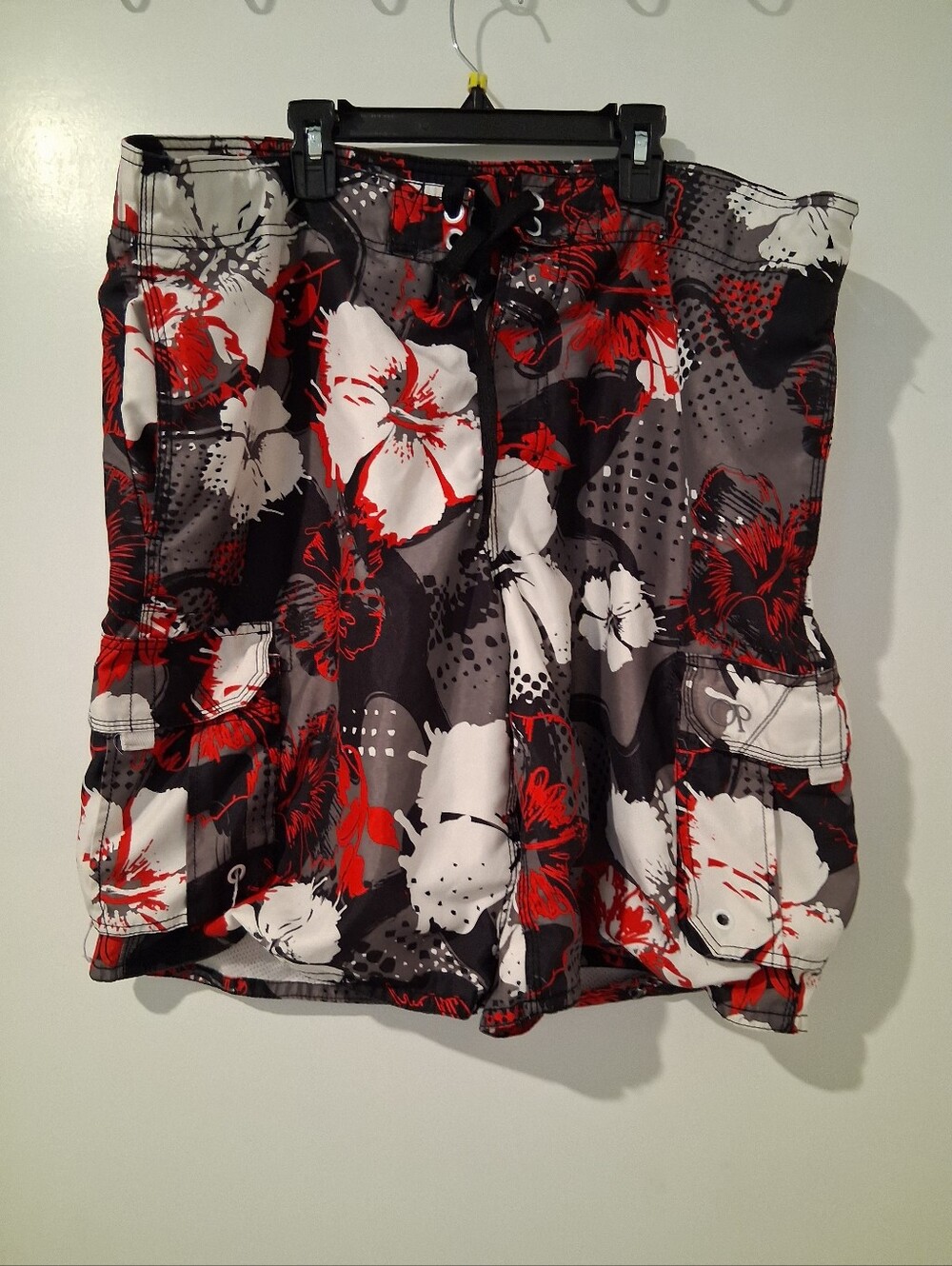 OP Floral Cargo Swim Trunks in Black, Red & White